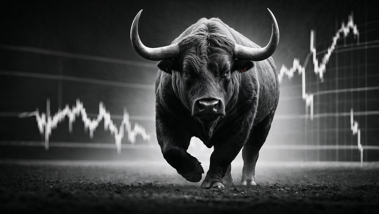 Stylized bull graphic over abstract financial data background symbolizing market growth and ML analysis